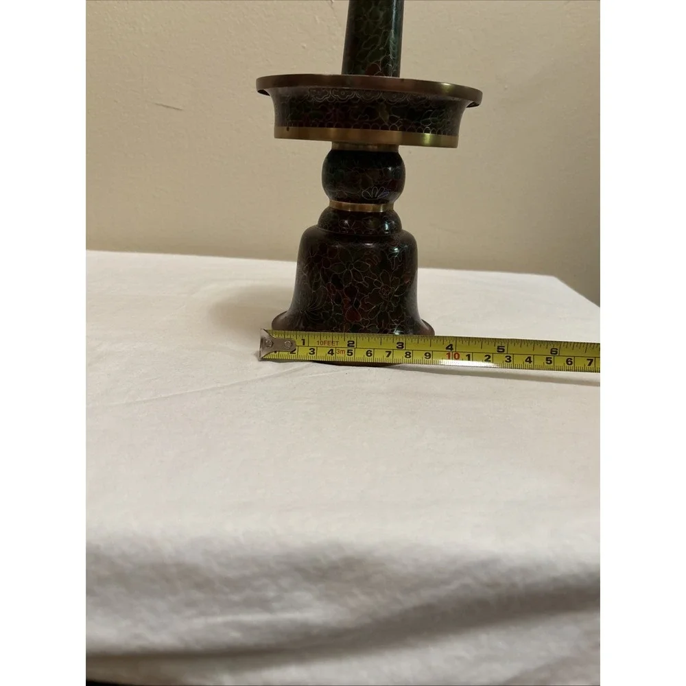 Vintage Chinese Cloisonne Floral Candlesticks Copper Brass 10.5 Inch Set of 2